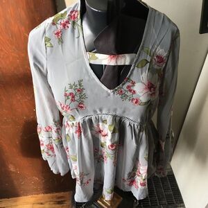 Crescent Stitchfix NWT semi sheer, v-neck floral blouse with lace empire waist